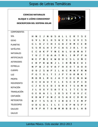 Sopas de Letras Temáticas
Lainitas México. Ciclo escolar 2012-2013
CIENCIAS NATURALES
BLOQUE V ¿CÓMO CONOCEMOS?
DESCRIPCION DEL SISTEMA SOLAR
COMPONENTES
SOL
OCHO
PLANETAS
SATÉLITES
NATURALES
ARTIFICIALES
ASTEROIDES
ESTRELLA
CUERPO
LUZ
PROPIA
MOVIMIENTO
ROTACIÓN
TRANSLACIÓN
CINTURÓN
METEORITOS
TELESCOPIO
GALILEO
GALILEI
 