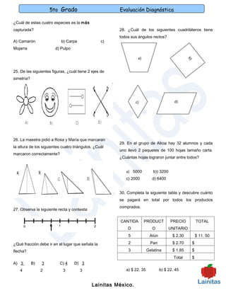5to Grado                         Evaluación Diagnóstica

¿Cuál de estas cuatro especies es la más
capturada?                                             28. ¿Cuál de los siguientes cuadriláteros tiene
                                                       todos sus ángulos rectos?
A) Camarón                 b) Carpa               c)
Mojarra                 d) Pulpo

                                                                 a)




                                                                                                b)
25. De las siguientes figuras, ¿cuál tiene 2 ejes de
simetría?




                                                                c)                      d)




26. La maestra pidió a Rosa y María que marcaran
                                                       29. En el grupo de Alicia hay 32 alumnos y cada
la altura de los siguientes cuatro triángulos. ¿Cuál
                                                       uno llevó 2 paquetes de 100 hojas tamaño carta.
marcaron correctamente?
                                                       ¿Cuántas hojas lograron juntar entre todos?


                                                          a) 5000          b)) 3200
                                                          c) 2000          d) 6400


                                                       30. Completa la siguiente tabla y descubre cuánto
                                                       se pagará en total por todos los productos
                                                       comprados.
27. Observa la siguiente recta y contesta:

                                                       CANTIDA        PRODUCT         PRECIO         TOTAL
                                                           D               O          UNITARIO
                                                           5             Atún          $ 2.30        $ 11. 50

¿Qué fracción debe ir en el lugar que señala la            2              Pan          $ 2.70    $

flecha?                                                    3            Gelatina       $ 1.85    $
                                                                                        Total    $
A) 3        B)   3        C) 4     D) 3
   4             2          3         3                   a) $ 22. 35           b) $ 22. 45


                                             Lainitas México.
 