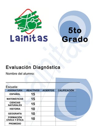 5to
                                           Grado


Evaluación Diagnóstica
Nombre del alumno:

_________________________________
Escuela:
 ASIGNATURA      REACTIVOS   ACIERTOS   CALIFICACIÓN
  ESPAÑOL           15
MATEMÁTICAS         15
  CIENCIAS
 NATURALES          15
  HISTORIA          10
 GEOGRAFÍA          10
 FORMACIÓN
CÍVICA Y ÉTICA      10
  PROMEDIO
 