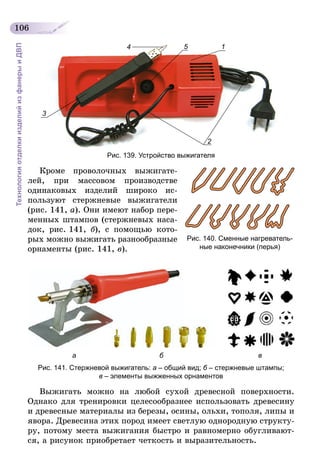 106
ТехнологияотделкиизделийизфанерыиДВП
1
2
3
4 5
Рис. 139. Устройство выжигателя
Кроме проволочных выжигате-
лей, при массовом производстве
одинаковых изделий широко ис-
пользуют стержневые выжигатели
(рис. 141, а). Они имеют набор пере-
менных штампов (стержневых наса-
док, рис. 141, б), с помощью кото-
рых можно выжигать разнообразные
орнаменты (рис. 141, в).
а                                           б                                                 в
Рис. 141. Стержневой выжигатель: а – общий вид; б – стержневые штампы;
в – элементы выжженных орнаментов
Выжигать можно на любой сухой древесной поверхности.
Однако для тренировки целесообразнее использовать древесину
и древесные материалы из березы, осины, ольхи, тополя, липы и
явора. Древесина этих пород имеет светлую однородную структу-
ру, потому места выжигания быстро и равномерно обугливают-
ся, а рисунок приобретает четкость и выразительность.
Рис. 140. Сменные нагреватель-
ные наконечники (перья)
 