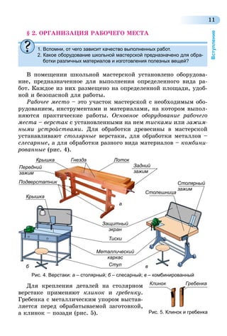 11
Вступление
§ 2. ОРГАНИЗАЦИЯ РАБОЧЕГО МЕСТА
1. Вспомни, от чего зависит качество выполненных работ.
2. Какое оборудование школьной мастерской предназначено для обра-
ботки различных материалов и изготовления полезных вещей?
В помещении школьной мастерской установлено оборудова-
ние, предназначенное для выполнения определенного вида ра-
бот. Каждое из них размещено на определенной площади, удоб-
ной и безопасной для работы.
Рабочее место – это участок мастерской с необходимым обо-
рудованием, инструментами и материалами, на котором выпол-
няются практические работы. Основное оборудование рабочего
места – верстак с установленными на нем тисками или зажим­
ными устройствами. Для обработки древесины в мастерской
устанавливают столярные верстаки, для обработки металлов –
слесарные, а для обработки разного вида материалов – комбини­
рованные (рис. 4).
ГнездаКрышка
Подверстатник
Передний
зажим
Задний
зажим
Столярный
зажим
Лоток
Столешница
Крышка
Стул
Тиски
Металлический
каркас
Защитный
экран
a
б в
Рис. 4. Верстаки: а – столярный; б – слесарный; в – комбинированный
Для крепления деталей на столярном
верстаке применяют клинок и гребенку.
Гребенка с металлическим упором выстав-
ляется перед обрабатываемой заготовкой,
а клинок – позади (рис. 5).
Клинок Гребенка
Рис. 5. Клинок и гребенка
 