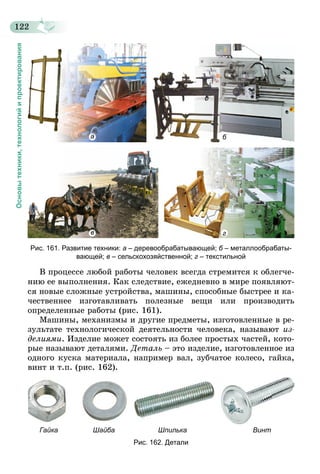 122
Основытехники,технологийипроектирования
a б
в г
Рис. 161. Развитие техники: а – деревообрабатывающей; б – металлообрабаты-
вающей; в – сельскохозяйственной; г – текстильной
В процессе любой работы человек всегда стремится к облегче-
нию ее выполнения. Как следствие, ежедневно в мире появляют-
ся новые сложные устройства, машины, способные быстрее и ка-
чественнее изготавливать полезные вещи или производить
определенные работы (рис. 161).
Машины, механизмы и другие предметы, изготовленные в ре-
зультате технологической деятельности человека, называют из­
делиями. Изделие может состоять из более простых частей, кото-
рые называют деталями. Деталь – это изделие, изготовленное из
одного куска материала, например вал, зубчатое колесо, гайка,
винт и т.п. (рис. 162).
		 Гайка						 Шайба								 Шпилька												 Винт
Рис. 162. Детали
 