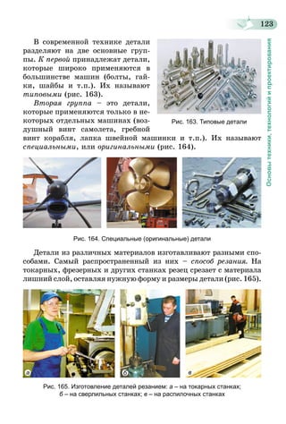 123
Основытехники,технологийипроектирования
В современной технике детали
разделяют на две основные груп-
пы. К первой принадлежат детали,
которые широко применяются в
большинстве машин (болты, гай-
ки, шайбы и т.п.). Их называют
типовыми (рис. 163).
Вторая группа – это детали,
которые применяются только в не-
которых отдельных машинах (воз-
душный винт самолета, гребной
винт кораб­ля, лапка швейной машинки и т.п.). Их называют
специальными, или оригинальными (рис. 164).
Рис. 164. Специальные (оригинальные) детали
Детали из различных материалов изготавливают разными спо-
собами. Самый распространенный из них – способ резания. На
токарных, фрезерных и других станках резец срезает с материала
лишний слой, оставляя нужную форму и размеры детали (рис. 165).
а б в
Рис. 165. Изготовление деталей резанием: а – на токарных станках;
б – на сверлильных станках; в – на распилочных станках
Рис. 163. Типовые детали
 