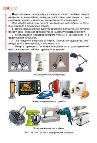 138
Технологиябытовойдеятельности
Использование неисправных электрических приборов может
привести к поражению человека электрическим током и, как
следствие, повлечь тяжелые последствия для здоровья.
Для предотвращения этого необходимо соблюдать следую­
щие правила безопасного труда:
1. Перед пользованием электроприбором внимательно изучить
инструкцию, которая прилагается к каждому электроприбору.
2. Пользоваться электроприбором только с разрешения и в
присутствии взрослых.
3. Запрещается касаться рычагов, кнопок оборудования, раз-
мещенного в мастерской, и включать их.
4. Нельзя проверять наличие напряжения в электрической
цепи, касаясь оголенных проводов пальцами.
Электроосветительные приборы
Электронагревательные приборы
Электромеханические приборы
Рис. 184. Типы бытовых электрических приборов
 