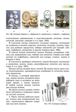 151
Культурапотребленияпищи.Этикетзастолом
                а                                б                                     в                                г
Рис. 196. Столовые сервизы: а – обеденный; б – десертный; в – чайный; г – кофейный
отделочными деревянными и пластмассовыми досками, ситом,
скалкой, вилками, ножами и т.п. (рис. 195).
К столовой посуде относятся: столовые сервизы, состоящие
из глубоких и мелких тарелок, салатниц, соусниц, супниц, таре-
лок для рыбных продуктов, наборы емкостей для специй, чай-
ные, кофейные, десертные и другие сервизы (рис. 196).
К чайной посуде относятся: чашки, блюдца, сахарница, чай-
ник для заваривания чая, чайник для кипятка. Сервиз для кофе
состоит из кофейника, емкостей для сахара, сливок, чашек и
блюдец к ним.
К столовым приборам относятся: ложки большая, маленькая
и десертная, вилки, ножи, разнообразные лопатки для масла,
торта и т.п. (рис. 197).
Посуда всегда должна быть чистой. Ее нужно мыть сразу пос­
ле использования, предварительно освободив от остатков пище-
вых продуктов.
В посуду, в которой пригорела
еда, нужно налить холодной воды,
добавить соду и оставить на неко-
торое время, а потом вымыть.
В любом случае нельзя чистить
дно посуды ножом.
Во время мытья посуды необхо­
димо соблюдать следующие прави­
ла личной гигиены:
1. Одеть чистую рабочую одеж-
ду, платок или специальный кол-
пак, тщательным образом запра-
вив под него волосы. Рис. 197. Столовые приборы
 