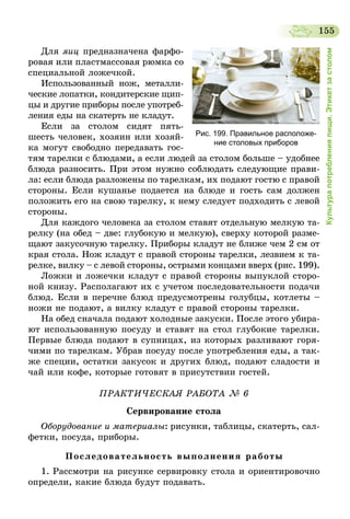 155
Культурапотребленияпищи.Этикетзастолом
Для яиц предназначена фарфо-
ровая или пластмассовая рюмка со
специальной ложечкой.
Использованный нож, металли-
ческие лопатки, кондитерские щип-
цы и другие приборы после употреб­
ления еды на скатерть не кладут.
Если за столом сидят пять-
шесть человек, хозяин или хозяй-
ка могут свободно передавать гос­
тям тарелки с блюдами, а если людей за столом больше – удобнее
блюда разносить. При этом нужно соблюдать следующие прави-
ла: если блюда разложены по тарелкам, их подают гостю с правой
стороны. Если кушанье подается на блюде и гость сам должен
положить его на свою тарелку, к нему следует подходить с левой
стороны.
Для каждого человека за столом ставят отдельную мелкую та-
релку (на обед – две: глубокую и мелкую), сверху которой разме-
щают закусочную тарелку. Приборы кладут не ближе чем 2 см от
края стола. Нож кладут с правой стороны тарелки, лезвием к та-
релке, вилку – с левой стороны, острыми концами вверх (рис. 199).
Ложки и ложечки кладут с правой стороны выпуклой сторо-
ной книзу. Располагают их с учетом последовательности подачи
блюд. Если в перечне блюд предусмотрены голубцы, котлеты –
ножи не подают, а вилку кладут с правой стороны тарелки.
На обед сначала подают холодные закуски. После этого убира-
ют использованную посуду и ставят на стол глубокие тарелки.
Первые блюда подают в супницах, из которых разливают горя-
чими по тарелкам. Убрав посуду после употребления еды, а так-
же специи, остатки закусок и других блюд, подают сладости и
чай или кофе, которые готовят в присутствии гостей.
ПРАКТИЧЕСКАЯ РАБОТА № 6
Сервирование стола
Оборудование и материалы: рисунки, таблицы, скатерть, сал-
фетки, посуда, приборы.
Последовательность выполнения работы
1. Рассмотри на рисунке сервировку стола и ориентировочно
определи, какие блюда будут подавать.
Рис. 199. Правильное расположе-
ние столовых приборов
 