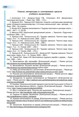 168
Списоклитературыиэлектронныхсредствучебногоназначення
Список литературы и электронных средств
учебного назначения
1.	Антонович С.А., Захарчук-Чугай Р.В., Станкевич М.Є. Декоративно-
прикладне мистецтво. – Львів: Світ, 1999. – 112 с.
2.	Загорний В.К., Терещук Б.М. Комплект плакатів з методичними рекоменда-
ціями «Елементи машинознавства». 5–9 класи загальноосвіт. навч. закладів. – К.:
Корд, 1955. –24 плакати.
3.	Климук М.К. Художнє випалювання // Трудова підготовка в закладах освіти. –
2002. – № 3. – С. 22–25.
4.	Мельник М.В. Український декоративний розпис. – Тернопіль: Підручники і
посібники, 2005. – 64 с.
5.	Терещук Б.М., Туташинський В.І. Трудове навчання. Технічні види праці:
підруч. 5 кл. – К.: Навчальна книга, 2005. – 242 с.
6.	Терещук Б.М., Туташинський В.І. Трудове навчання. Технічні види праці:
підруч. 6 кл. – К.: Навчальна книга, 2006. – 208 с.
7.	Терещук Б.М., Туташинський В.І. Трудове навчання. Технічні види праці:
підруч. 7 кл. – К.: Генеза, 2007. – 240 с.
8.	Терещук Б.М., Туташинський В.І. Трудове навчання. Технічні види праці:
підруч. 8 кл. – К.: Генеза, 2008. – 272 с.
9.	Терещук Б.М., Туташинський В.І., Загорний В.К. Трудове навчання. Технічні
види праці: підруч. 9 кл. – К.: Генеза, 2009. – 285 с.
10. Тимків Б.М., Кавас К.М. Виготовлення художніх виробів з дерева. – Львів:
Світ, 1996. – 144 с.
11. Випалювання або пірографія: [Електронний ресурс].  – Режим доступу:
http://trudove.org.ua/post/vipalyuvannya-abo-p-rograf-ya
12. Випалювання. Рослинні мотиви: [Електронний ресурс]. – Режим доступу:
http://trudove.org.ua/post/vipalyuvannya-roslinn-motivі
13. Набір для випалювання з світлотінями: [Електронний ресурс]. – Режим до-
ступу: http://trudove.org.ua/post/nab-r-dlya-vipalyuvannya-z-sv-tlot- nyami
14. Рисунки для випалювання: [Електронний ресурс]. – Режим доступу: http://
trudove.org.ua/post/risynki-dlya-vipalyuvannya
15. Бондарство та художнє випалювання на Прикарпатті: [Електронний ре-
сурс]. – Режим доступу: http:// rukotvori.com.ua/info/bondarstvo-ta-hudozhnye-vipaly-
uvannya-na-prikarpatti
16. Коновка. Національний музей народного мистецтва Гуцульщини та Покуття.
Коломия. Івано-Франківська область. Україна: [Електронний ресурс]. – Режим до-
ступу: http:// hutsul.museum/сollection/44/635/
17. Все о столярном деле. Рисунки для выжигания: [Электронный ресурс]. –
Режим доступа: http://woodtools.10gb.ru/burning/burning.htm
18. Поделки из дерева. Выжигание: [Электронный ресурс]. – Режим доступа:
http://podelkiderevo.ru/prim_vizhiganie
19. Художнє випалювання на дереві: [Електронний ресурс]. – Режим доступу:
http://kosiv.info/arts-menu/19-decor-art/270-vid-metalevogo-pysaka-do-elektychnogo-
olivcja.html
20. Технологии. Выжигание по дереву: [Электронный ресурс]. – Режим досту-
па: http://technologys.info/obrabdrevesiny/vizhiganie.html
 