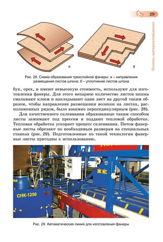 29
Основыматериаловедения
Рис. 28. Схема образования трехслойной фанеры: а – направления
размещения листов шпона; б – уплотнение листов шпона
бук, орех, и имеют невысокую стоимость, используют для изго-
товления фанеры. Для этого непарное количество листов шпона
смазывают клеем и накладывают один лист на другой таким об-
разом, чтобы направление размещения волокон на листах, рас-
положенных рядом, было взаимно перпендикулярным (рис. 28).
Для качественного склеивания образованные таким способом
листы зажимают под прессом и поддают тепловой обработке.
Тепловая обработка ускоряет процесс склеивания. Потом фанер-
ные листы обрезают по необходимым размерам на специальных
станках (рис. 29). Подготовленные по такой технологии фанер-
ные листы пригодны к использованию.
Рис. 29. Автоматическая линия для изготовления фанеры
a б
 