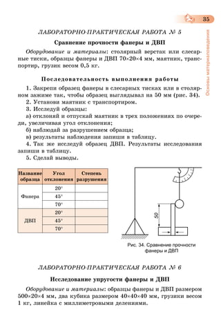35
Основыматериаловедения
ЛАБОРАТОРНО-ПРАКТИЧЕСКАЯ РАБОТА № 5
Сравнение прочности фанеры и ДВП
Оборудование и материалы: столярный верстак или слесар-
ные тиски, образцы фанеры и ДВП 70×20×4 мм, маятник, транс-
портир, грузик весом 0,5 кг.
Последовательность выполнения работы
1. Закрепи образец фанеры в слесарных тисках или в столяр-
ном зажиме так, чтобы образец выглядывал на 50 мм (рис. 34).
2. Установи маятник с транспортиром.
3. Исследуй образцы:
а) отклоняй и отпускай маятник в трех положениях по очере-
ди, увеличивая угол отклонения;
б) наблюдай за разрушением образца;
в) результаты наблюдения запиши в таблицу.
4. Так же исследуй образец ДВП. Результаты исследования
запиши в таблицу.
5. Сделай выводы.
Название
образца
Угол
отклонения
Степень
разрушения
Фанера
20°
45°
70°
ДВП
20°
45°
70°
ЛАБОРАТОРНО-ПРАКТИЧЕСКАЯ РАБОТА № 6
Исследование упругости фанеры и ДВП
Оборудование и материалы: образцы фанеры и ДВП размером
500×20×4 мм, два кубика размером 40×40×40 мм, грузики весом
1 кг, линейка с миллиметровыми делениями.
Рис. 34. Сравнение прочности
фанеры и ДВП
 