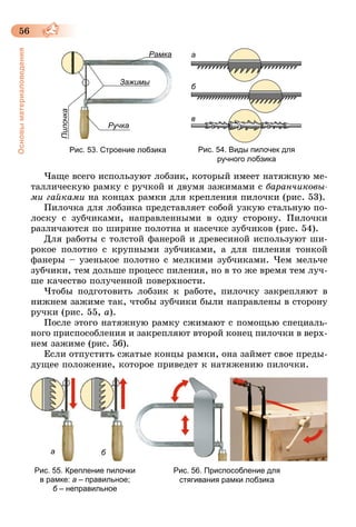 56
Основыматериаловедения
Чаще всего используют лобзик, который имеет натяжную ме-
таллическую рамку с ручкой и двумя зажимами с баранчиковы­
ми гайками на концах рамки для крепления пилочки (рис. 53).
Пилочка для лобзика представляет собой узкую стальную по-
лоску с зубчиками, направленными в одну сторону. Пилочки
различаются по ширине полотна и насечке зубчиков (рис. 54).
Для работы с толстой фанерой и древесиной используют ши-
рокое полотно с крупными зубчиками, а для пиления тонкой
фанеры – узенькое полотно с мелкими зубчиками. Чем мельче
зубчики, тем дольше процесс пиления, но в то же время тем луч-
ше качество полученной поверхности.
Чтобы подготовить лобзик к работе, пилочку закрепляют в
нижнем зажиме так, чтобы зубчики были направлены в сторону
ручки (рис. 55, а).
После этого натяжную рамку сжимают с помощью специаль-
ного приспособления и закрепляют второй конец пилочки в верх-
нем зажиме (рис. 56).
Если отпустить сжатые концы рамки, она займет свое преды-
дущее положение, которое приведет к натяжению пилочки.
Рис. 56. Приспособление для
стягивания рамки лобзика
Рис. 55. Крепление пилочки
в рамке: а – правильное;
б – неправильное
а б
Рамка
Зажимы
Ручка
Пилочка
Рис. 53. Строение лобзика
а
б
в
Рис. 54. Виды пилочек для
ручного лобзика
 
