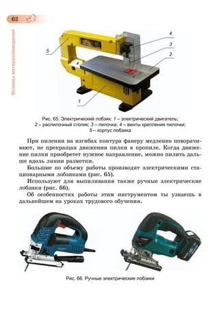 62
Основыматериаловедения
1
2
3
4
5
Рис. 65. Электрический лобзик: 1 – электрический двигатель;
2 – распилочный столик; 3 – пилочка; 4 – винты крепления пилочки;
5 – корпус лобзика
При пилении на изгибах контура фанеру медленно поворачи-
вают, не прекращая движения пилки в пропиле. Когда движе-
ние пилки приобретет нужное направление, можно пилить даль-
ше вдоль линии разметки.
Большие по объему работы производят электрическими ста-
ционарными лобзиками (рис. 65).
Используют для выпиливания также ручные электрические
лобзики (рис. 66).
Об особенностях работы этим инструментом ты узнаешь в
дальнейшем на уроках трудового обучения.
Рис. 66. Ручные электрические лобзики
 