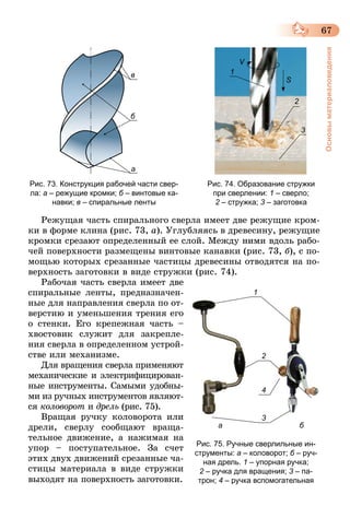 67
Основыматериаловедения
а
б
в 1
2
S
V
3
Рис. 73. Конструкция рабочей части свер-
ла: а – режущие кромки; б – винтовые ка-
навки; в – спиральные ленты
Рис. 74. Образование стружки
при сверлении: 1 – сверло;
2 – стружка; 3 – заготовка
Режущая часть спирального сверла имеет две режущие кром-
ки в форме клина (рис. 73, а). Углубляясь в древесину, режущие
кромки срезают определенный ее слой. Между ними вдоль рабо-
чей поверхности размещены винтовые канавки (рис. 73, б), с по-
мощью которых срезанные частицы древесины отводятся на по-
верхность заготовки в виде стружки (рис. 74).
Рабочая часть сверла имеет две
спиральные ленты, предназначен-
ные для направления сверла по от-
верстию и уменьшения трения его
о стенки. Его крепежная часть –
хвостовик служит для закрепле-
ния сверла в определенном устрой-
стве или механизме.
Для вращения сверла применяют
механические и электрифицирован-
ные инструменты. Самыми удобны-
ми из ручных инструментов являют-
ся коловорот и дрель (рис. 75).
Вращая ручку коловорота или
дрели, сверлу сообщают враща-
тельное движение, а нажимая на
упор – поступательное. За счет
этих двух движений срезанные ча-
стицы материала в виде стружки
выходят на поверхность заготовки.
а
1
2
3
4
б
Рис. 75. Ручные сверлильные ин-
струменты: а – коловорот; б – руч-
ная дрель. 1 – упорная ручка;
2 – ручка для вращения; 3 – па-
трон; 4 – ручка вспомогательная
 