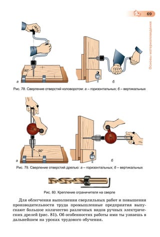 69
Основыматериаловедения
а б
Рис. 78. Сверление отверстий коловоротом: а – горизонтальных; б – вертикальных
ба
Рис. 79. Сверление отверстий дрелью: а – горизонтальных; б – вертикальных
Рис. 80. Крепление ограничителя на сверле
Для облегчения выполнения сверлильных работ и повышения
производительности труда промышленные предприятия выпу-
скают большое количество различных видов ручных электриче-
ских дрелей (рис. 81). Об особенностях работы ими ты узнаешь в
дальнейшем на уроках трудового обучения.
 
