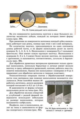 77
Основыматериаловедения
Зубец Заготовка
Опилки
Рис. 89. Схема режущей части напильника
На его поверхности выполнены насечки в виде большого ко-
личества маленьких зубцов, каждый из которых имеет форму
клина (рис. 89).
При движении по поверхности заготовки каждый зубец напиль-
ника действует как резец, снимая при этом с нее слой материала.
По количеству насечек, приходящемуся на один сантиметр
длины рабочей части, и их форме напильники делят на шесть
номеров: 0, 1, 2, 3, 4, 5. Напильники с номерами 0 и 1 называют
драчевыми. Они имеют самую крупную насечку. Напильники с
номерами 2, 3 и 4, 5 имеют более мелкие насечки, по сравнению
с драчевими, и называются, соответственно, личными и бархат­
ными (рис. 90).
Для обработки древесных материалов применяют только драче-
вые напильники, поскольку бархатные и личные имеют мелкую
насечку и сразу забиваются древесиной, поэтому работать ими ста-
новится невозможно. Однако все напильники с номерами от 0 до 5
применяют для обработки металлов и твердых пластмасс.
Технологическая операция снятия с обрабатываемой поверх-
ности слоя материала при помощи напильников называется опи­
ливанием. Этим способом можно об-
работать заготовку, допуск размеров
которой составляет от 0,1 до 1,0 мм.
В зависимости от формы сечения
напильники делят на типы (рис. 91).
Для обработки мелких отверстий
и углублений с разной формой по-
верхности используют небольшие
по размеру напильники, которые
называются надфилями.
Надфили, как и напильники, де-
лят на типы в зависимости от фор-
мы поперечного сечения (рис. 92).
а б в
Рис. 90. Виды напильников: а – бар-
хатный; б – личный; в – драчевый
 