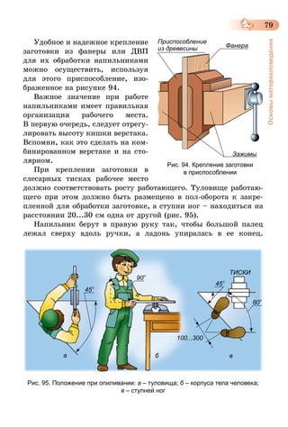 79
Основыматериаловедения
Удобное и надежное крепление
заготовки из фанеры или ДВП
для их обработки напильниками
можно осуществить, используя
для этого приспособление, изо-
браженное на рисунке 94.
Важное значение при работе
напильниками имеет правильная
организация рабочего места.
В первую очередь, следует отрегу-
лировать высоту кишки верстака.
Вспомни, как это сделать на ком-
бинированном верстаке и на сто-
лярном.
При креплении заготовки в
слесарных тисках рабочее место
должно соответствовать росту работающего. Туловище работаю-
щего при этом должно быть размещено в пол-оборота к закре-
пленной для обработки заготовке, а ступни ног – находиться на
расстоянии 20...30   см одна от другой (рис. 95).
Напильник берут в правую руку так, чтобы большой палец
лежал сверху вдоль ручки, а ладонь упиралась в ее конец.
45°
45°
80°
100...300
ТИСКИ
90°
а б в
Рис. 95. Положение при опиливании: а – туловища; б – корпуса тела человека;
в – ступней ног
Фанера
Зажимы
Приспособление
из древесины
Рис. 94. Крепление заготовки
в приспособлении
 