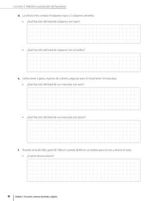 Lección 2: Adición y sustracción de fracciones
d. La señora Inés compra 4 tulipanes rojos y 5 tulipanes amarillos.
• ¿Qué fracción del total de tulipanes son rojos?
• ¿Qué fracción del total de tulipanes son amarillos?
e. Carlos tiene 3 gatos, 4 peces de colores y algunas aves. En total tiene 10 mascotas.
• ¿Qué fracción del total de sus mascotas son aves?
• ¿Qué fracción del total de sus mascotas son peces?
f. Ricardo tenía $ 2000, gastó $1000 en comida, $ 600 en un boleto para el cine y ahorró el resto.
• ¿Cuánto dinero ahorró?
Unidad 3 • Fracciones, números decimales y álgebra
98
 