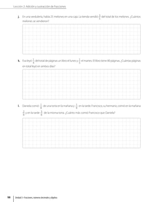 Lección 2: Adición y sustracción de fracciones
j. En una verdulería, había 25 melones en una caja. La tienda vendió 3
5
del total de los melones. ¿Cuántos
melones se vendieron?
k. Eva leyó 1
4
del total de páginas un libro el lunes y 1
5
el martes. El libro tiene 80 páginas. ¿Cuántas páginas
en total leyó en ambos días?
l. Daniela comió 1
8
de una torta en la mañana y 1
8
en la tarde. Francisco, su hermano, comió en la mañana
2
8
y en la tarde 3
8
de la misma torta. ¿Cuánto más comió Francisco que Daniela?
Unidad 3 • Fracciones, números decimales y álgebra
100
 