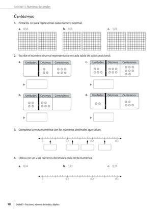 Lección 3: Números decimales
Centésimos
1. Pinta los para representar cada número decimal.
a. 0,56 b. 1.05 c. 1,23
2. Escribe el número decimal representado en cada tabla de valor posicional.
a. Unidades Décimos Centésimos
b. Unidades Décimos Centésimos
c. Unidades Décimos Centésimos
d. Unidades Décimos Centésimos
3. Completa la recta numérica con los números decimales que faltan.
0,1
0 0,2 0,3
4. Ubica con un los números decimales en la recta numérica.
a. 0,14 b. 0,22 c. 0,27
0,1
0 0,2 0,3
,
,
,
,
Unidad 3 • Fracciones, números decimales y álgebra
102
 