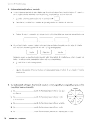 Lección 4: Probabilidades
5. Analiza cada situación y luego responde.
a. Jorge compra un caramelo en una máquina que determina el sabor al azar. La máquina tiene 12 caramelos
en total y tres sabores diferentes: tiene 4 de naranja, 6 de frutilla y el resto de manzana.
• ¿Cuántos caramelos de manzana hay en la máquina?
• Describe la posibilidad de ocurrencia de que Jorge reciba un caramelo de manzana.
• Ordena, de menor a mayor los sabores, de acuerdo a la probabilidad que tienen de salir de la máquina.
b. Miguel hará helados para sus 6 sobrinos. Cada sobrino recibirá un barquillo con dos bolas de helado.
Para ello hará un sorteo y pondrá en una bolsa los siguientes papeles:
Frutilla Chocolate Vainilla
Cada niño sacará un papel que determinará el sabor de una bola de helado, luego echará el papel a la
bolsa y sacará otro papel para saber el sabor de la otra bola de helado.
• ¿Cuáles serán los resultados posibles?
• ¿Qué es más posible, obtener un helado con sabores distintos o un helado de un solo sabor? Justifica
tu respuesta.
6. Usa los datos de la ruleta para describir cada resultado como más posible, menos posible, seguro, posible,
imposible o igualmente posible.
a. Es que la flecha se detenga en el color rojo que
en el verde.
b. Es que la flecha se detenga en el color verde
o en el morado.
c. Es que la flecha se detenga en el color amarillo.
d. Es que la flecha se detenga en el color verde.
e. Es que la flecha se detenga en el color rojo, verde o morado.
verde
verde
rojo
rojo
morado
morado
rojo
rojo
Unidad 4 • Datos y probabilidades
154
 