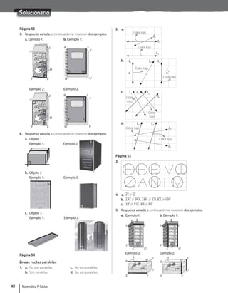 Solucionario
Página 53
5. Respuesta variada, a continuación se muestran dos ejemplos.
a. Ejemplo 1: b. Ejemplo 1:
A
F E
C
D
R S
T
U
V
X
W
Ejemplo 2: Ejemplo 2:
A
F E
C
D
V
X
R S
T
U
W
6. Respuesta variada, a continuación se muestran dos ejemplos.
a. Objeto 1
Ejemplo 1: Ejemplo 2:
b. Objeto 2
Ejemplo 1: Ejemplo 2:
c. Objeto 3
Ejemplo 1: Ejemplo 2:
Página 54
Líneas rectas paralelas
1. a. No son paralelas.
b. Son paralelas.
c. No son paralelas.
d. No son paralelas.
2. a.
L1
L2
L3
Color rojo
Color rojo
b. L1
L2
L3
L4
Color rojo
Color rojo
c.
L4
L1
L2 L3
Color
rojo
Color
rojo
d. L1
L2
L3
L4
Color rojo
Color rojo
Página 55
3.
4. a. FJ // JI
b. LM // PO , MN // KP, KL // ON
c. ST // VU, RS // PV
5. Respuesta variada, a continuación se muestran dos ejemplos.
a. Ejemplo 1: b. Ejemplo 1:
A
B
C
D
E
F
A
B
C
D
E
F
Ejemplo 2: Ejemplo 2:
S
R
X V
U
T
W
S
R
X V
U
T
W
Matemática 5º Básico
162
 