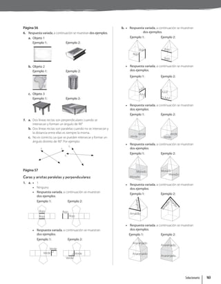 Página 56
6. Respuesta variada, a continuación se muestran dos ejemplos.
a. Objeto 1
Ejemplo 1: Ejemplo 2:
b. Objeto 2
Ejemplo 1: Ejemplo 2:
c. Objeto 3
Ejemplo 1: Ejemplo 2:
7. a. Dos líneas rectas son perpendiculares cuando se
intersecan y forman un ángulo de 90°
b. Dos líneas rectas son paralelas cuando no se intersecan y
la distancia entre ellas es siempre la misma.
c. No es correcto, ya que se pueden intersecar y formar un
ángulo distinto de 90°. Por ejemplo:
L1
L2
L3
L4
Página 57
Caras y aristas paralelas y perpendiculares
1. a. • 1
• Ninguno
• Respuesta variada, a continuación se muestran
dos ejemplos.
Ejemplo 1: Ejemplo 2:
Rojo
Rojo
Rojo
Rojo
• Respuesta variada, a continuación se muestran
dos ejemplos.
Ejemplo 1: Ejemplo 2:
Verde
Verde
Verde
Verde
b. • Respuesta variada, a continuación se muestran
dos ejemplos.
Ejemplo 1: Ejemplo 2:
Rojo
Rojo
Rojo
Rojo
• Respuesta variada, a continuación se muestran
dos ejemplos.
Ejemplo 1: Ejemplo 2:
Azul
Azul
Azul
Azul
• Respuesta variada, a continuación se muestran
dos ejemplos.
Ejemplo 1: Ejemplo 2:
Verde
Verde Verde
Verde
• Respuesta variada, a continuación se muestran
dos ejemplos.
Ejemplo 1: Ejemplo 2:
Morado
Morado Morado
Morado
• Respuesta variada, a continuación se muestran
dos ejemplos.
Ejemplo 1: Ejemplo 2:
Amarillo
A
m
a
ri
ll
o
A
m
a
r
i
l
l
o
A
m
a
r
i
l
l
o
• Respuesta variada, a continuación se muestran
dos ejemplos.
Ejemplo 1: Ejemplo 2:
Anaranjado
Anaranjado
Anaranjado
Anaranjado
Solucionario 163
 