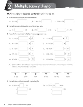 Multiplicación y división
2
Lección
Multiplicación por decenas, centenas y unidades de mil
1. Calcula el producto de cada multiplicación.
a. 47 • 10 = b. 7140 • 10 = c. 3702 • 10 =
2. Completa cada multiplicación con el factor que falta.
a. 96 • = 960 b. 514 • = 5140 c. • 10 = 700
3. Resuelve las siguientes multiplicaciones y luego responde.
a. 25 • 100 = M
b. 86 • 100 = P
c. 95 • 100 = U
d. 217 • 100 = H
e. 803 • 100 = M
f. 7 • 1000 = E
g. 70 • 1000 = L
h. 726 • 1000 = U
i. 8032 • 1000 = O
j. 3936 • 1000 = A
k. ¿Cómo se llama el mamífero que aparece en el escudo chileno? Para descubrirlo completa con la letra
asociada a los productos que calculaste.
21700 9500 7000 80300 726000 70000
4. Completa la resolución de cada multiplicación.
a. 4 • 300 = (4 • ) • 100
= • 100
=
b. 12 • 500 = (12 • ) • 100
= • 100
=
Unidad 1 • Números naturales, operaciones y patrones
18
 