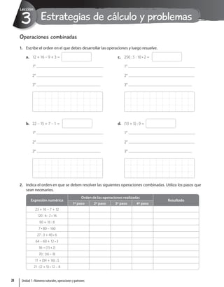 Estrategias de cálculo y problemas
3
Lección
Operaciones combinadas
1. Escribe el orden en el que debes desarrollar las operaciones y luego resuelve.
a. 12 + 16 – 9 + 3 =
1°
2°
3°
b. 22 – 15 + 7 – 1 =
1°
2°
3°
c. 250 : 5 : 10 • 2 =
1°
2°
3°
d. (13 + 5) : 9 =
1°
2°
3°
2. Indica el orden en que se deben resolver las siguientes operaciones combinadas. Utiliza los pasos que
sean necesarios.
Expresión numérica
Orden de las operaciones realizadas
Resultado
1º paso 2º paso 3º paso 4º paso
23 + 16 – 7 + 12
120 : 6 : 2 • 16
90 + 16 : 8
7 • 80 – 160
27 : 3 + 40 • 6
64 – 60 + 12 • 3
36 – (15 • 2)
70 : (16 – 9)
11 + (34 + 16) : 5
21 : (2 + 5) • 12 – 8
Unidad 1 • Números naturales, operaciones y patrones
28
 