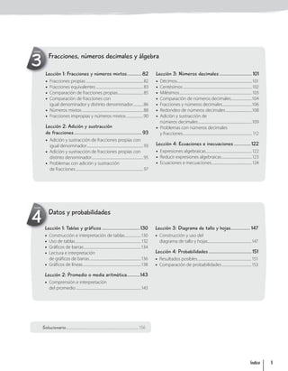 Datos y probabilidades
4
Unidad
Lección 1: Tablas y gráficos .............................130
• Construcción e interpretación de tablas...................130
• Uso de tablas..............................................................................132
• Gráficos de barras....................................................................134
• Lectura e interpretación
de gráficos de barras.............................................................136
• Gráficos de líneas.....................................................................138
Lección 2: Promedio o media aritmética..........143
• Comprensión e interpretación
del promedio .............................................................................143
Lección 3: Diagrama de tallo y hojas............... 147
• Construcción y uso del
diagrama de tallo y hojas....................................................147
Lección 4: Probabilidades.................................151
• Resultados posibles................................................................151
• Comparación de probabilidades...................................153
Fracciones, números decimales y álgebra
3
Unidad
Lección 1: Fracciones y números mixtos...........82
• Fracciones propias....................................................................82
• Fracciones equivalentes........................................................83
• Comparación de fracciones propias..............................85
• Comparación de fracciones con
igual denominador y distinto denominador............86
• Números mixtos.........................................................................88
• Fracciones impropias y números mixtos....................90
Lección 2: Adición y sustracción
de fracciones.................................................... 93
• Adición y sustracción de fracciones propias con
igual denominador...................................................................93
• Adición y sustracción de fracciones propias con
distinto denominador.............................................................95
• Problemas con adición y sustracción
de fracciones................................................................................97
Lección 3: Números decimales .........................101
• Décimos.........................................................................................101
• Centésimos..................................................................................102
• Milésimos......................................................................................103
• Comparación de números decimales.........................104
• Fracciones y números decimales...................................106
• Redondeo de números decimales...............................108
• Adición y sustracción de
números decimales................................................................109
• Problemas con números decimales
y fracciones.................................................................................. 112
Lección 4: Ecuaciones e inecuaciones.............122
• Expresiones algebraicas.......................................................122
• Reducir expresiones algebraicas....................................123
• Ecuaciones e inecuaciones................................................124
Solucionario......................................................................................156
5
Índice
 