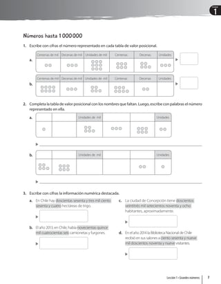 1
Unidad
Números hasta 1 000000
1. Escribe con cifras el número representado en cada tabla de valor posicional.
a.
Centenas de mil Decenas de mil Unidades de mil Centenas Decenas Unidades
 
b.
Centenas de mil Decenas de mil Unidades de mil Centenas Decenas Unidades
 
2. Completa la tabla de valor posicional con los nombres que faltan. Luego, escribe con palabras el número
representado en ella.
a. Unidades de mil Unidades


b. Unidades de mil Unidades


3. Escribe con cifras la información numérica destacada.
a. En Chile hay doscientas sesenta y tres mil ciento
sesenta y cuatro hectáreas de trigo.

b. El año 2013, en Chile, había novecientas quince
mil cuatrocientas seis camionetas y furgones.

c. La ciudad de Concepción tiene doscientos
veintitrés mil setecientos noventa y ocho
habitantes, aproximadamente.

d. En el año 2014 la Biblioteca Nacional de Chile
recibió en sus salones a ciento sesenta y nueve
mil doscientos noventa y nueve visitantes.

7
Lección 1 • Grandes números
 