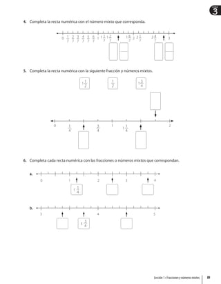 3
Unidad
4. Completa la recta numérica con el número mixto que corresponda.
0 1 1
7
1
7
3
7
5
7
2
7
4
7
6
7
1 1 2
7
1 6
7
2 2 1
7
2 4
7
3
5. Completa la recta numérica con la siguiente fracción y números mixtos.
1
2
1
1
2
3
4
1
0 1 2
1
4
3
4
1
4
1
6. Completa cada recta numérica con las fracciones o números mixtos que correspondan.
a.
1
0 3
2 4
1
1
4
b.
3 4 5
3
3
4
89
Lección 1 • Fracciones y números mixtos
 
