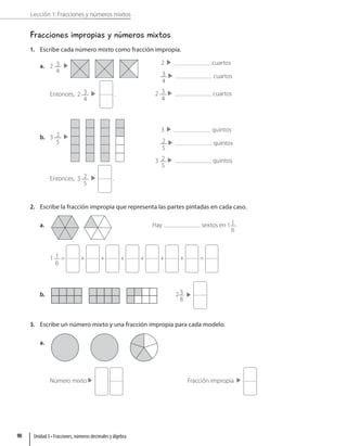 Lección 1: Fracciones y números mixtos
Fracciones impropias y números mixtos
1. Escribe cada número mixto como fracción impropia.
a. 2 3
4
2 cuartos
3
4
cuartos
2 3
4
cuartos
Entonces, 2 3
4
.
b. 3 2
5
3 quintos
2
5
quintos
3 2
5
quintos
Entonces, 3 2
5
.
2. Escribe la fracción impropia que representa las partes pintadas en cada caso.
a. Hay sextos en 1 1
6
.
1 1
6
= + + + + + + =
b. 2 3
8
3. Escribe un número mixto y una fracción impropia para cada modelo.
a.
Número mixto Fracción impropia
Unidad 3 • Fracciones, números decimales y álgebra
90
 
