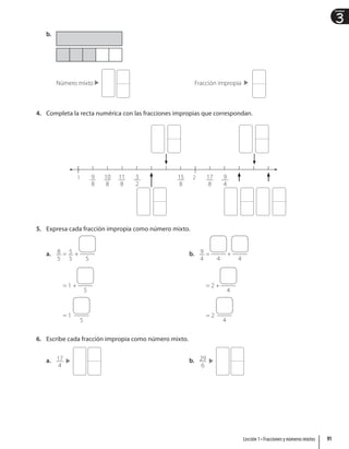 3
Unidad
b.
Número mixto Fracción impropia
4. Completa la recta numérica con las fracciones impropias que correspondan.
1 2
9
8
11
8
15
8
17
8
9
4
10
8
3
2
5. Expresa cada fracción impropia como número mixto.
a. 8
5
= 5
5
+
5
= 1 +
5
= 1
5
b. 9
4
=
4
+
4
= 2 +
4
= 2
4
6. Escribe cada fracción impropia como número mixto.
a. 17
4
b. 29
6
91
Lección 1 • Fracciones y números mixtos
 