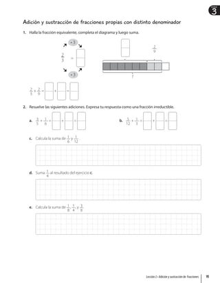 3
Unidad
Adición y sustracción de fracciones propias con distinto denominador
1. Halla la fracción equivalente, completa el diagrama y luego suma.
4 3
• 3
4 3
• 3
2
3 =
?
2
9
2
3
+ 2
9
= + =
2. Resuelve las siguientes adiciones. Expresa tu respuesta como una fracción irreductible.
a. 3
5
+ 1
6
= + = b. 5
12
+ 1
3
= + =
c. Calcula la suma de 1
6
y 1
12
.
d. Suma 1
4
al resultado del ejercicio c.
e. Calcula la suma de 1
8
, 1
4
, y 3
8
.
95
Lección 2 • Adición y sustracción de fracciones
 