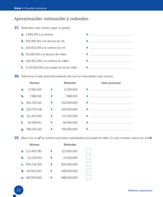 Números y operaciones
Módulo 1 / Grandes números
Aproximación: estimación y redondeo
17. Redondea cada número según lo pedido.
a. 1.999.295 a la decena.
b. 345.990.301 a la decena de mil.
c. 234.452.000 a la centena de mil.
d. 35.608.345 a la decena de millón.
e. 340.465.200 a la centena de millón.
f. 4.120.903.050 a la unidad de mil de millón.
18. Determina el valor posicional respecto del cual fue redondeado cada número.
Número Redondeo Valor posicional
a. 17.080.500 17.100.000
b. 7.980.010 7.980.010
c. 345.230.591 350.000.000
d. 235.070.128 240.000.000
e. 111.245.560 111.250.000
f. 45.999.911 46.000.000
g. 789.254.145 790.000.000
19. Marca con un los números que fueron redondeados a la unidad de millón. En caso contrario, marca con una .
Número Redondeo
a. 123.456.783 123.000.000
b. 15.234.000 15.000.000
c. 870.734.200 870.000.000
d. 347.923.567 348.000.000
e. 487.099.000 488.000.000
12
 