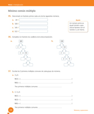 Números y operaciones
Mínimo común múltiplo
15. Descompón en factores primos cada uno de los siguientes números.
a. 24
b. 100
c. 145
d. 512
16. Completa con factores los casilleros de la descomposición.
17. Escribe los 3 primeros múltiplos comunes de cada grupo de números.
a. 3 y 6
M(3) = { }
M(6) = { }
Tres primeros múltiplos comunes:
b. 2, 3 y 6
M(2) = { }
M(3) = { }
M(6) = { }
Tres primeros múltiplos comunes:
Módulo 1 / Multiplicación
a. 180
2 •
2 • 45
•
•
b. 108
• 54
2 •
3 • 9
•
Un número primo es
aquel número cuyos
únicos factores son el
número 1 y el mismo.
Ayuda
28
U2 Cuaderno.indd 28 27-06-12 19:27
 