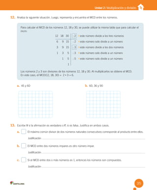 Unidad 2 / Multiplicación y división
a. 45 y 60 b. 60, 36 y 90
12. Analiza la siguiente situación. Luego, representa y encuentra el MCD entre los números.
13. Escribe V si la afirmación es verdadera o F, si es falsa. Justifica en ambos casos.
a. El máximo común divisor de dos números naturales consecutivos corresponde al producto entre ellos.
Justificación:
b. El MCD entre dos números impares es otro número impar.
Justificación:
c. Si el MCD entre dos o más números es 1, entonces los números son compuestos.
Justificación:
Para calcular el MCD de los números 12, 18 y 30, se puede utilizar la misma tabla que para calcular el
mcm:
Los números 2 y 3 son divisores de los números 12, 18 y 30. Al multiplicarlos se obtiene el MCD.
En este caso, el MCD(12, 18, 30) = 2 • 3 = 6.
12 18 30 : 2 este número divide a los tres números
6 9 15 : 2 este número solo divide a un número
3 9 15 : 3 este número divide a los dos números
1 3 5 : 3 este número solo divide a un número
1 5 : 5 este número solo divide a un número
1
35
U2 Cuaderno.indd 35 27-06-12 19:27
 