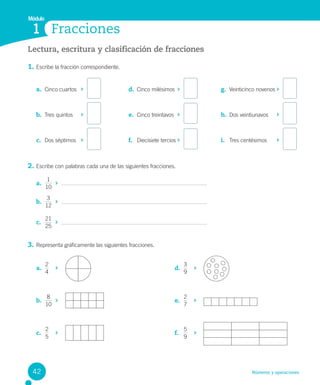 Módulo
Números y operaciones
Fracciones
1
Lectura, escritura y clasificación de fracciones
1. Escribe la fracción correspondiente.
2. Escribe con palabras cada una de las siguientes fracciones.
a.
10
1
b.
12
3
c.
25
21
3. Representa gráficamente las siguientes fracciones.
a. Cinco cuartos
b. Tres quintos
c. Dos séptimos
d. Cinco milésimos
e. Cinco treintavos
f. Diecisiete tercios
g. Veinticinco novenos
h. Dos veintiunavos
i. Tres centésimos
a.
4
2
b.
10
8
c.
5
2
d.
9
3
e.
7
2
f.
9
5
42
 