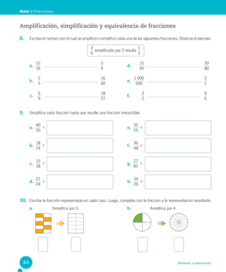 Números y operaciones
Módulo 1 / Fracciones
Amplificación, simplificación y equivalencia de fracciones
8. Escribe el número por el cual se amplificó o simplificó cada una de las siguientes fracciones. Observa el ejemplo.
6
3
simplificado por 2 resulta
2
1
9. Simplifica cada fracción hasta que resulte una fracción irreductible.
10. Escribe la fracción representada en cada caso. Luego, completa con la fracción y la representación resultante.
a.
16
12
4
3
b.
5
2
40
16
c.
9
6
27
18
d.
1
40
5
0
8
30
e.
.
1
500
000
1
2
f.
2
3
6
9
a.
50
40
b.
24
18
c.
18
15
d.
24
21
e.
55
35
f.
48
36
g.
81
27
h.
26
34
a. Simplifica por 5 b. Amplifica por 4
44
 