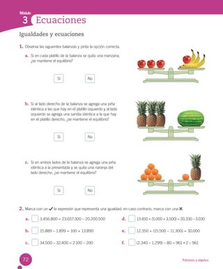 Módulo
Patrones y álgebra
Ecuaciones
3
a. 3.456.800 = 23.657.300 – 20.200.500
b. 15.889 – 1.899 = 100 + 13.890
c. 34.500 – 32.400 = 2.100 – 200
d. 13.450 + (5.000 + 3.500) = 20.330 – 3.030
e. 12.350 + (15.500 – 11.300) = 30.000
f. (2.340 – 1.299) – 80 = 961 • 2 – 961
Sí No
Sí No
Sí No
Igualdades y ecuaciones
1. Observa las siguientes balanzas y pinta la opción correcta.
a. Si en cada platillo de la balanza se quita una manzana,
¿se mantiene el equilibrio?
b. Si al lado derecho de la balanza se agrega una piña
idéntica a las que hay en el platillo izquierdo y al lado
izquierdo se agrega una sandía idéntica a la que hay
en el platillo derecho, ¿se mantiene el equilibrio?
c. Si en ambos lados de la balanza se agrega una piña
idéntica a la presentada y se quita una naranja del
lado derecho, ¿se mantiene el equilibrio?
2. Marca con un la expresión que representa una igualdad; en caso contrario, marca con una .
72
 