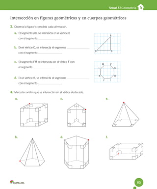 Unidad 5 / Geometría
Intersección en figuras geométricas y en cuerpos geométricos
3. Observa la figura y completa cada afirmación.
a. El segmento AB, se intersecta en el vértice B
con el segmento .
b. En el vértice C, se intersecta el segmento
con el segmento .
c. El segmento FM se intersecta en el vértice F con
el segmento .
d. En el vértice K, se intersecta el segmento
con el segmento .
4. Marca las aristas que se intersectan en el vértice destacado.
A
B
C
J I
H
K
G
L
F
M
a.
b.
c.
d.
e.
f.
85
 