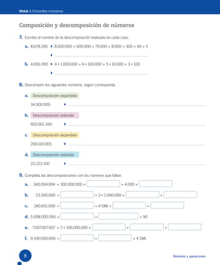 Números y operaciones
Módulo 1 / Grandes números
Composición y descomposición de números
7. Escribe el nombre de la descomposición realizada en cada caso.
a. 8.678.345 8.000.000 + 600.000 + 70.000 + 8.000 + 300 + 40 + 5
b. 4.650.300 4 • 1.000.000 + 6 • 100.000 + 5 • 10.000 + 3 • 100
8. Descompón los siguientes números, según corresponda.
a. Descomposición expandida
34.900.000
b. Descomposición estándar
920.001.340
c. Descomposición expandida
200.010.005
d. Descomposición estándar
23.222.100
9. Completa las descomposiciones con los números que faltan.
a. 340.004.004 = 300.000.000 + + 4.000 +
b. 23.560.000 = + 3 • 1.000.000 + +
c. 240.601.000 = + 4 DMi + +
d. 5.008.000.090 = + + 90
e. 7.007.007.007 = 7 • 100.000.000 + + +
f. 9.340.000.000 = + + 4 DMi
8
 