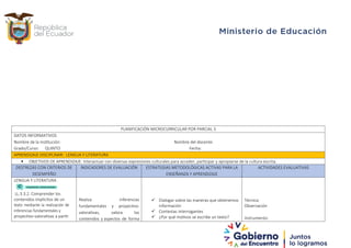 PLANIFICACIÓN MICROCURRICULAR POR PARCIAL 3
DATOS INFORMATIVOS
Nombre de la Institución: Nombre del docente:
Grado/Curso: QUINTO Fecha:
APRENDIZAJE DISCIPLINAR: LENGUA Y LITERATURA
 OBJETIVOS DE APRENDIZAJE: Interactuar con diversas expresiones culturales para acceder, participar y apropiarse de la cultura escrita.
DESTREZAS CON CRITERIOS DE
DESEMPEÑO
INDICADORES DE EVALUACIÓN ESTRATEGIAS METODOLÓGICAS ACTIVAS PARA LA
ENSEÑANZA Y APRENDIZAJE
ACTIVIDADES EVALUATIVAS
LENGUA Y LITERATURA
LL.3.3.2. Comprender los
contenidos implícitos de un
texto mediante la realización de
inferencias fundamentales y
proyectivo-valorativas a partir
Realiza inferencias
fundamentales y proyectivo-
valorativas, valora los
contenidos y aspectos de forma
 Dialogar sobre las maneras que obtenemos
información
 Contestas interrogantes
 ¿Por qué motivos se escribe un texto?
Técnica:
Observación
Instrumento:
 