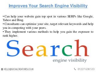 Improves Your Search Engine Visibility
• Can help your website gain top spot in various SERPs like Google,
Yahoo and Bing.
• Consultants can optimise your site, target relevant keywords and help
you in competing with your peers.
• They implement various methods to help you gain the exposure to
rank higher.
 