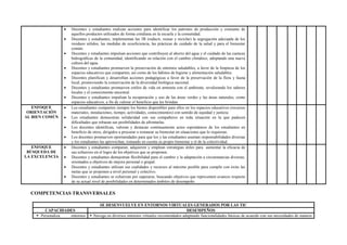  Docentes y estudiantes realizan acciones para identificar los patrones de producción y consumo de
aquellos productos utilizados de forma cotidiana en la escuela y la comunidad.
 Docentes y estudiantes, implementan las 3R (reducir, reusar y reciclar) la segregación adecuada de los
residuos sólidos, las medidas de ecoeficiencia, las prácticas de cuidado de la salud y para el bienestar
común.
 Docentes y estudiantes impulsan acciones que contribuyen al ahorro del agua y el cuidado de las cuencas
hidrográficas de la comunidad, identificando su relación con el cambio climático, adoptando una nueva
cultura del agua.
 Docentes y estudiantes promueven la preservación de entornos saludables, a favor de la limpieza de los
espacios educativos que comparten, así como de los hábitos de higiene y alimentación saludables.
 Docentes planifican y desarrollan acciones pedagógicas a favor de la preservación de la flora y fauna
local, promoviendo la conservación de la diversidad biológica nacional.
 Docentes y estudiantes promueven estilos de vida en armonía con el ambiente, revalorando los saberes
locales y el conocimiento ancestral.
 Docentes y estudiantes impulsan la recuperación y uso de las áreas verdes y las áreas naturales, como
espacios educativos, a fin de valorar el beneficio que les brindan
ENFOQUE
ORIENTACIÓN
AL BIEN COMÚN
 Los estudiantes comparten siempre los bienes disponibles para ellos en los espacios educativos (recursos
materiales, instalaciones, tiempo, actividades, conocimientos) con sentido de equidad y justicia.
 Los estudiantes demuestran solidaridad con sus compañeros en toda situación en la que padecen
dificultades que rebasan sus posibilidades de afrontarlas.
 Los docentes identifican, valoran y destacan continuamente actos espontáneos de los estudiantes en
beneficio de otros, dirigidos a procurar o restaurar su bienestar en situaciones que lo requieran.
 Los docentes promueven oportunidades para que los y las estudiantes asuman responsabilidades diversas
y los estudiantes las aprovechan, tomando en cuenta su propio bienestar y el de la colectividad.
ENFOQUE
BÚSQUEDA DE
LA EXCELENCIA
 Docentes y estudiantes comparan, adquieren y emplean estrategias útiles para aumentar la eficacia de
sus esfuerzos en el logro de los objetivos que se proponen.
 Docentes y estudiantes demuestran flexibilidad para el cambio y la adaptación a circunstancias diversas,
orientados a objetivos de mejora personal o grupal.
 Docentes y estudiantes utilizan sus cualidades y recursos al máximo posible para cumplir con éxito las
metas que se proponen a nivel personal y colectivo.
 Docentes y estudiantes se esfuerzan por superarse, buscando objetivos que representen avances respecto
de su actual nivel de posibilidades en determinados ámbitos de desempeño.
COMPETENCIAS TRANSVERSALES
SE DESENVUELVE EN ENTORNOS VIRTUALES GENERADOS POR LAS TIC
CAPACIDADES DESEMPEÑOS
 Personaliza entornos  Navega en diversos entornos virtuales recomendados adaptando funcionalidades básicas de acuerdo con sus necesidades de manera
 