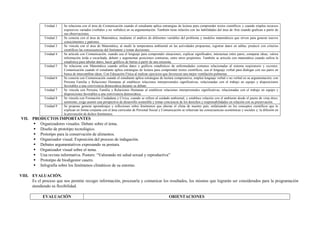 Unidad 1 Se relaciona con el área de Comunicación cuando el estudiante aplica estrategias de lectura para comprender textos científicos y cuando emplea recursos
expresivos variados (verbales y no verbales) en su argumentación. También tiene relación con las habilidades del área de Arte cuando grafican a partir de
sus observaciones.
Unidad 2 Se conecta con el área de Matemática, mediante el análisis de diferentes variables del problema y modelos matemáticos que sirven para generar nuevos
conocimientos y patrones.
Unidad 3 Se vincula con el área de Matemática, al medir la temperatura ambiental en las actividades propuestas, registrar datos en tablas, predecir con criterios
científicos las consecuencias del fenómeno y tomar decisiones.
Unidad 4 Se articula con Comunicación, cuando usa el lenguaje para comprender situaciones, explicar significados, interactuar entre pares, comparar ideas, valora
información leída o escuchada, debatir y argumentar posiciones contrarias, entre otros propósitos. También se articula con matemática cuando utiliza la
estadística para tabular datos, hacer gráficos de barras a partir de una encuesta.
Unidad 5 Se relaciona con Matemática cuando utiliza datos y gráficos estadísticos de enfermedades comunes relacionadas al sistema respiratorio y excretor,
Comunicación cuando el estudiante aplica estrategias de lectura para comprender textos científicos, usa el lenguaje verbal para dialogar con sus pares en
busca de intercambiar ideas. Con Educación Física al realizar ejercicios que favorecen una mejor ventilación pulmonar.
Unidad 6 Se conecta con Comunicación cuando el estudiante aplica estrategias de lectura comprensiva, emplea lenguaje verbal o no verbal en su argumentación; con
Persona Familia y Relaciones Humanas al establecer relaciones interpersonales significativas, relacionadas con el trabajo en equipo y disposiciones
favorables a una convivencia democrática durante su debate.
Unidad 7 Se vincula con Persona, Familia y Relaciones Humanas al establecer relaciones interpersonales significativas, relacionadas con el trabajo en equipo y
disposiciones favorables a una convivencia democrática.
Unidad 8 Se vincula con Formación Ciudadana y Cívica, cuando se refiere al cuidado ambiental, y establece relación con el ambiente desde el punto de vista ético;
asimismo, exige asumir una perspectiva de desarrollo sostenible y tomar conciencia de los derechos y responsabilidades en relación con su preservación.
Unidad 9 Se propone generar aprendizajes y reflexiones sobre fenómenos que alteran el clima de nuestro país, enfatizando en los conceptos científicos que lo
explican en forma conjunta con el área curricular de Personal Social y Comunicación se refuerzan las consecuencias económicas y sociales y; la difusión en
la prevención de dichos fenómenos.
VII. PRODUCTOS IMPORTANTES
▪ Organizadores visuales. Debate sobre el tema.
▪ Diseño de prototipo tecnológico.
▪ Prototipo para la conservación de alimentos.
▪ Organizador visual. Exposición del proceso de indagación.
▪ Debates argumentativos expresando su postura.
▪ Organizador visual sobre el tema.
▪ Una revista informativa. Posters: “Valorando mi salud sexual y reproductiva”
▪ Prototipo de biodigestor casero.
▪ Infografía sobre los fenómenos climáticos de su entorno.
VIII. EVALUACIÓN.
Es el proceso que nos permite recoger información, procesarla y comunicar los resultados, los mismos que lograrán ser considerados para la programación
atendiendo su flexibilidad.
EVALUACIÓN ORIENTACIONES
 