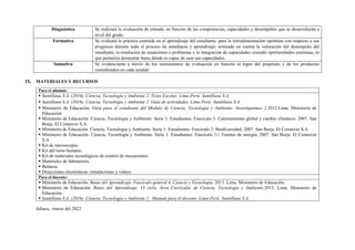 Diagnóstica Se realizará la evaluación de entrada, en función de las competencias, capacidades y desempeños que se desarrollarán a
nivel del grado.
Formativa Se evaluará la práctica centrada en el aprendizaje del estudiante, para la retroalimentación oportuna con respecto a sus
progresos durante todo el proceso de enseñanza y aprendizaje; teniendo en cuenta la valoración del desempeño del
estudiante, la resolución de situaciones o problemas y la integración de capacidades creando oportunidades continuas, lo
que permitirá demostrar hasta dónde es capaz de usar sus capacidades.
Sumativa Se evidenciarán a través de los instrumentos de evaluación en función al logro del propósito y de los productos
considerados en cada unidad.
IX. MATERIALES Y RECURSOS
Para el alumno:
▪ Santillana S.A. (2016). Ciencia, Tecnología y Ambiente 2. Texto Escolar. Lima-Perú: Santillana S.A.
▪ Santillana S.A. (2016). Ciencia, Tecnología y Ambiente 2. Guía de actividades. Lima-Perú: Santillana S.A.
▪ Ministerio de Educación. Guía para el estudiante del Módulo de Ciencia, Tecnología y Ambiente- Investiguemos 2.2012.Lima. Ministerio de
Educación
▪ Ministerio de Educación. Ciencia, Tecnología y Ambiente. Serie 1: Estudiantes. Fascículo 1: Calentamiento global y cambio climático. 2007. San
Borja. El Comercio S.A.
▪ Ministerio de Educación. Ciencia, Tecnología y Ambiente. Serie 1: Estudiantes. Fascículo 2: Biodiversidad. 2007. San Borja. El Comercio S.A
▪ Ministerio de Educación. Ciencia, Tecnología y Ambiente. Serie 1: Estudiantes. Fascículo 11: Fuentes de energía. 2007. San Borja. El Comercio
S.A
▪ Kit de microscopía.
▪ Kit del torso humano.
▪ Kit de materiales tecnológicos de control de mecanismos.
▪ Materiales de laboratorio.
▪ Balanza.
▪ Direcciones electrónicas: simulaciones y videos.
Para el docente:
▪ Ministerio de Educación. Rutas del Aprendizaje. Fascículo general 4. Ciencia y Tecnología. 2013. Lima. Ministerio de Educación.
▪ Ministerio de Educación. Rutas del Aprendizaje. VI ciclo. Área Curricular de Ciencia, Tecnología y Ambiente.2015. Lima. Ministerio de
Educación.
▪ Santillana S.A. (2016). Ciencia, Tecnología y Ambiente 2. Manual para el docente. Lima-Perú: Santillana S.A.
Juliaca, marzo del 2022
 