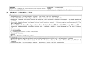 Actividad:
Investiga cual es la función del sistema endocrino y como se pueden prevenir
enfermedades a la glándula tiroides.
FEROMONAS Y FITOHORMONAS
Actividad:
Justifica las respuestas de las plantas frente a los estímulos.
IX. MATERIALES A UTILIZAR EN LA UNIDAD:
Para el alumno:
▪ Santillana S.A. (2016). Ciencia, Tecnología y Ambiente 2. Texto Escolar. Lima-Perú: Santillana S.A.
▪ Santillana S.A. (2016). Ciencia, Tecnología y Ambiente 2. Guía de actividades. Lima-Perú: Santillana S.A.
▪ Ministerio de Educación. Guía para el estudiante del Módulo de Ciencia, Tecnología y Ambiente- Investiguemos 2.2012.Lima. Ministerio de
Educación
▪ Ministerio de Educación. Ciencia, Tecnología y Ambiente. Serie 1: Estudiantes. Fascículo 1: Calentamiento global y cambio climático. 2007. San
Borja. El Comercio S.A.
▪ Ministerio de Educación. Ciencia, Tecnología y Ambiente. Serie 1: Estudiantes. Fascículo 2: Biodiversidad. 2007. San Borja. El Comercio S.A
▪ Ministerio de Educación. Ciencia, Tecnología y Ambiente. Serie 1: Estudiantes. Fascículo 11: Fuentes de energía. 2007. San Borja. El Comercio
S.A
▪ Kit de microscopía.
▪ Kit del torso humano.
▪ Kit de materiales tecnológicos de control de mecanismos.
▪ Materiales de laboratorio.
▪ Balanza.
▪ Direcciones electrónicas: simulaciones y videos.
Para el docente:
▪ Ministerio de Educación. Rutas del Aprendizaje. Fascículo general 4. Ciencia y Tecnología. 2013. Lima. Ministerio de Educación.
▪ Ministerio de Educación. Rutas del Aprendizaje. VI ciclo. Área Curricular de Ciencia, Tecnología y Ambiente.2015. Lima. Ministerio de
Educación.
▪ Santillana S.A. (2016). Ciencia, Tecnología y Ambiente 2. Manual para el docente. Lima-Perú: Santillana S.A.
 