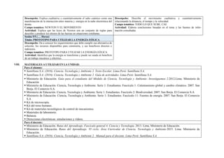 Desempeño: Explica cualitativa y cuantitativamente el salto cuántico como una
manifestación de la interacción entre materia y. energía en la nube electrónica del
átomo.
Campo temático: NEWTON Y EL MOVIMIENTO
Actividad: Explica que las leyes de Newton son un conjunto de reglas para
describir y predecir los efectos de las fuerzas en situaciones cotidianas.
Desempeño: Describe el movimiento cualitativa y cuantitativamente
relacionando la distancia, el tiempo y la velocidad.
Campo temático: TODO LO QUE SUBE, CAE
Actividad: Elabora conclusiones basadas en el tema y las fuentes de infor-
mación consultadas.
Sesión 5/5 (…. Horas)
Título: PROTOTIPO PARA UTILIZAR LA ENERGÍA EÓLICA
Desempeño: Da a conocer les requerimientos que debe cumplir esa alternativa de
solución, los recursos disponibles para construiría, y sus beneficios directos e
indirectos.
Campo temático: PROTOTIPO PARA UTILIZAR LA ENERGÍA EÓLICA
Actividad: Identifica que la energía se transforma y puede ser usada en beneficio
de un trabajo mecánico y eléctrico.
VIII. MATERIALES A UTILIZAR EN LA UNIDAD:
Para el alumno:
▪ Santillana S.A. (2016). Ciencia, Tecnología y Ambiente 2. Texto Escolar. Lima-Perú: Santillana S.A.
▪ Santillana S.A. (2016). Ciencia, Tecnología y Ambiente 2. Guía de actividades. Lima-Perú: Santillana S.A.
▪ Ministerio de Educación. Guía para el estudiante del Módulo de Ciencia, Tecnología y Ambiente- Investiguemos 2.2012.Lima. Ministerio de
Educación
▪ Ministerio de Educación. Ciencia, Tecnología y Ambiente. Serie 1: Estudiantes. Fascículo 1: Calentamiento global y cambio climático. 2007. San
Borja. El Comercio S.A.
▪ Ministerio de Educación. Ciencia, Tecnología y Ambiente. Serie 1: Estudiantes. Fascículo 2: Biodiversidad. 2007. San Borja. El Comercio S.A
▪ Ministerio de Educación. Ciencia, Tecnología y Ambiente. Serie 1: Estudiantes. Fascículo 11: Fuentes de energía. 2007. San Borja. El Comercio
S.A
▪ Kit de microscopía.
▪ Kit del torso humano.
▪ Kit de materiales tecnológicos de control de mecanismos.
▪ Materiales de laboratorio.
▪ Balanza.
▪ Direcciones electrónicas: simulaciones y videos.
Para el docente:
▪ Ministerio de Educación. Rutas del Aprendizaje. Fascículo general 4. Ciencia y Tecnología. 2013. Lima. Ministerio de Educación.
▪ Ministerio de Educación. Rutas del Aprendizaje. VI ciclo. Área Curricular de Ciencia, Tecnología y Ambiente.2015. Lima. Ministerio de
Educación.
▪ Santillana S.A. (2016). Ciencia, Tecnología y Ambiente 2. Manual para el docente. Lima-Perú: Santillana S.A.
 