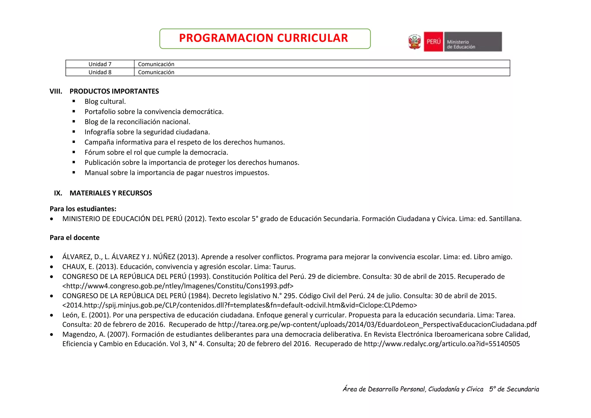 Área de Desarrollo Personal, Ciudadanía y Cívica 5° de Secundaria
PROGRAMACION CURRICULAR
Unidad 7 Comunicación
Unidad 8 Comunicación
VIII. PRODUCTOS IMPORTANTES
 Blog cultural.
 Portafolio sobre la convivencia democrática.
 Blog de la reconciliación nacional.
 Infografía sobre la seguridad ciudadana.
 Campaña informativa para el respeto de los derechos humanos.
 Fórum sobre el rol que cumple la democracia.
 Publicación sobre la importancia de proteger los derechos humanos.
 Manual sobre la importancia de pagar nuestros impuestos.
IX. MATERIALES Y RECURSOS
Para los estudiantes:
 MINISTERIO DE EDUCACIÓN DEL PERÚ (2012). Texto escolar 5° grado de Educación Secundaria. Formación Ciudadana y Cívica. Lima: ed. Santillana.
Para el docente
 ÁLVAREZ, D., L. ÁLVAREZ Y J. NÚÑEZ (2013). Aprende a resolver conflictos. Programa para mejorar la convivencia escolar. Lima: ed. Libro amigo.
 CHAUX, E. (2013). Educación, convivencia y agresión escolar. Lima: Taurus.
 CONGRESO DE LA REPÚBLICA DEL PERÚ (1993). Constitución Política del Perú. 29 de diciembre. Consulta: 30 de abril de 2015. Recuperado de
˂http://www4.congreso.gob.pe/ntley/Imagenes/Constitu/Cons1993.pdf˃
 CONGRESO DE LA REPÚBLICA DEL PERÚ (1984). Decreto legislativo N.° 295. Código Civil del Perú. 24 de julio. Consulta: 30 de abril de 2015.
˂2014.http://spij.minjus.gob.pe/CLP/contenidos.dll?f=templates&fn=default-odcivil.htm&vid=Ciclope:CLPdemo˃
 León, E. (2001). Por una perspectiva de educación ciudadana. Enfoque general y curricular. Propuesta para la educación secundaria. Lima: Tarea.
Consulta: 20 de febrero de 2016. Recuperado de http://tarea.org.pe/wp-content/uploads/2014/03/EduardoLeon_PerspectivaEducacionCiudadana.pdf
 Magendzo, A. (2007). Formación de estudiantes deliberantes para una democracia deliberativa. En Revista Electrónica Iberoamericana sobre Calidad,
Eficiencia y Cambio en Educación. Vol 3, N° 4. Consulta; 20 de febrero del 2016. Recuperado de http://www.redalyc.org/articulo.oa?id=55140505
 