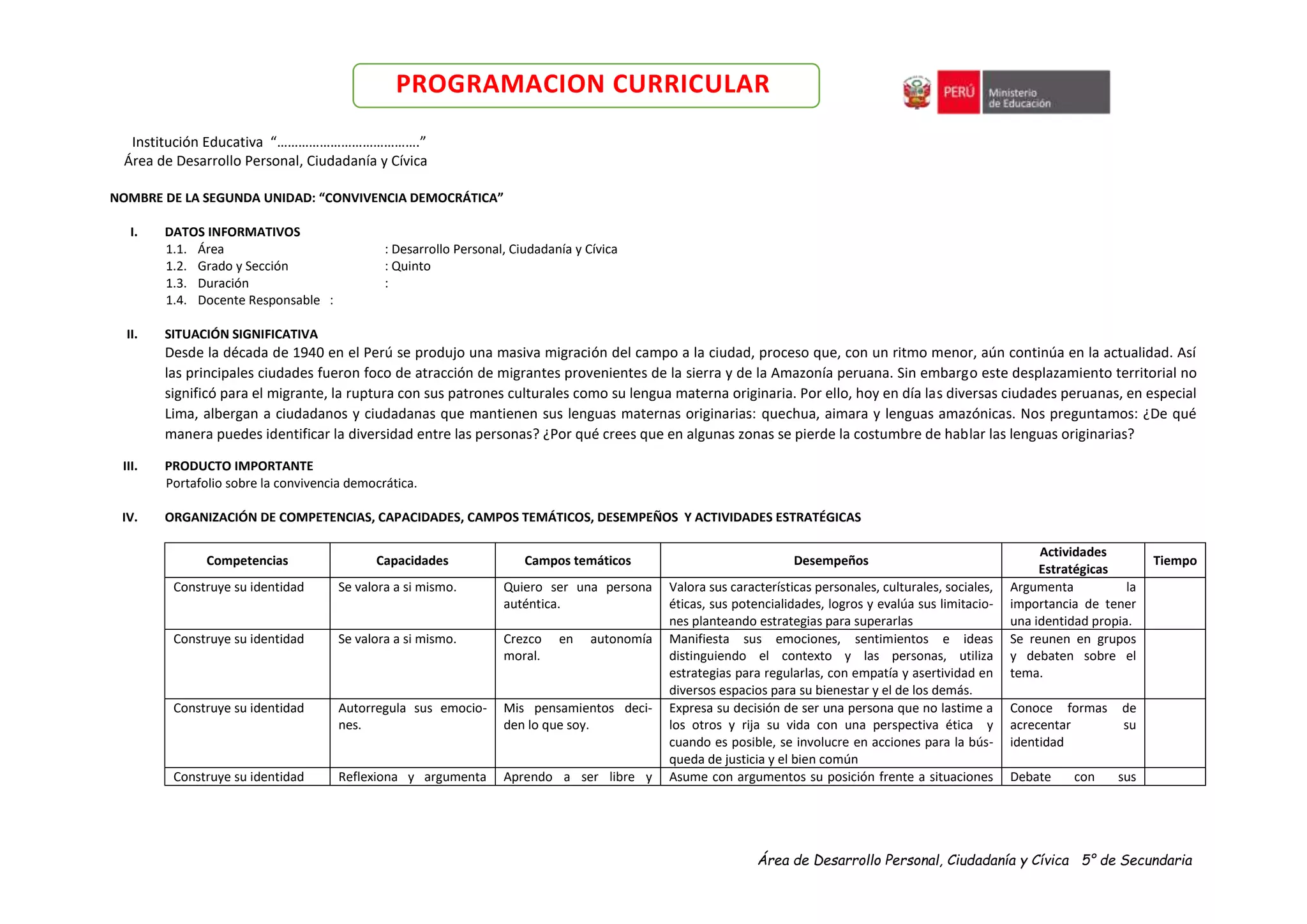Área de Desarrollo Personal, Ciudadanía y Cívica 5° de Secundaria
PROGRAMACION CURRICULAR
Institución Educativa “………………………………….”
Área de Desarrollo Personal, Ciudadanía y Cívica
NOMBRE DE LA SEGUNDA UNIDAD: “CONVIVENCIA DEMOCRÁTICA”
I. DATOS INFORMATIVOS
1.1. Área : Desarrollo Personal, Ciudadanía y Cívica
1.2. Grado y Sección : Quinto
1.3. Duración :
1.4. Docente Responsable :
II. SITUACIÓN SIGNIFICATIVA
Desde la década de 1940 en el Perú se produjo una masiva migración del campo a la ciudad, proceso que, con un ritmo menor, aún continúa en la actualidad. Así
las principales ciudades fueron foco de atracción de migrantes provenientes de la sierra y de la Amazonía peruana. Sin embargo este desplazamiento territorial no
significó para el migrante, la ruptura con sus patrones culturales como su lengua materna originaria. Por ello, hoy en día las diversas ciudades peruanas, en especial
Lima, albergan a ciudadanos y ciudadanas que mantienen sus lenguas maternas originarias: quechua, aimara y lenguas amazónicas. Nos preguntamos: ¿De qué
manera puedes identificar la diversidad entre las personas? ¿Por qué crees que en algunas zonas se pierde la costumbre de hablar las lenguas originarias?
III. PRODUCTO IMPORTANTE
Portafolio sobre la convivencia democrática.
IV. ORGANIZACIÓN DE COMPETENCIAS, CAPACIDADES, CAMPOS TEMÁTICOS, DESEMPEÑOS Y ACTIVIDADES ESTRATÉGICAS
Competencias Capacidades Campos temáticos Desempeños
Actividades
Estratégicas
Tiempo
Construye su identidad Se valora a si mismo. Quiero ser una persona
auténtica.
Valora sus características personales, culturales, sociales,
éticas, sus potencialidades, logros y evalúa sus limitacio-
nes planteando estrategias para superarlas
Argumenta la
importancia de tener
una identidad propia.
Construye su identidad Se valora a si mismo. Crezco en autonomía
moral.
Manifiesta sus emociones, sentimientos e ideas
distinguiendo el contexto y las personas, utiliza
estrategias para regularlas, con empatía y asertividad en
diversos espacios para su bienestar y el de los demás.
Se reunen en grupos
y debaten sobre el
tema.
Construye su identidad Autorregula sus emocio-
nes.
Mis pensamientos deci-
den lo que soy.
Expresa su decisión de ser una persona que no lastime a
los otros y rija su vida con una perspectiva ética y
cuando es posible, se involucre en acciones para la bús-
queda de justicia y el bien común
Conoce formas de
acrecentar su
identidad
Construye su identidad Reflexiona y argumenta Aprendo a ser libre y Asume con argumentos su posición frente a situaciones Debate con sus
 